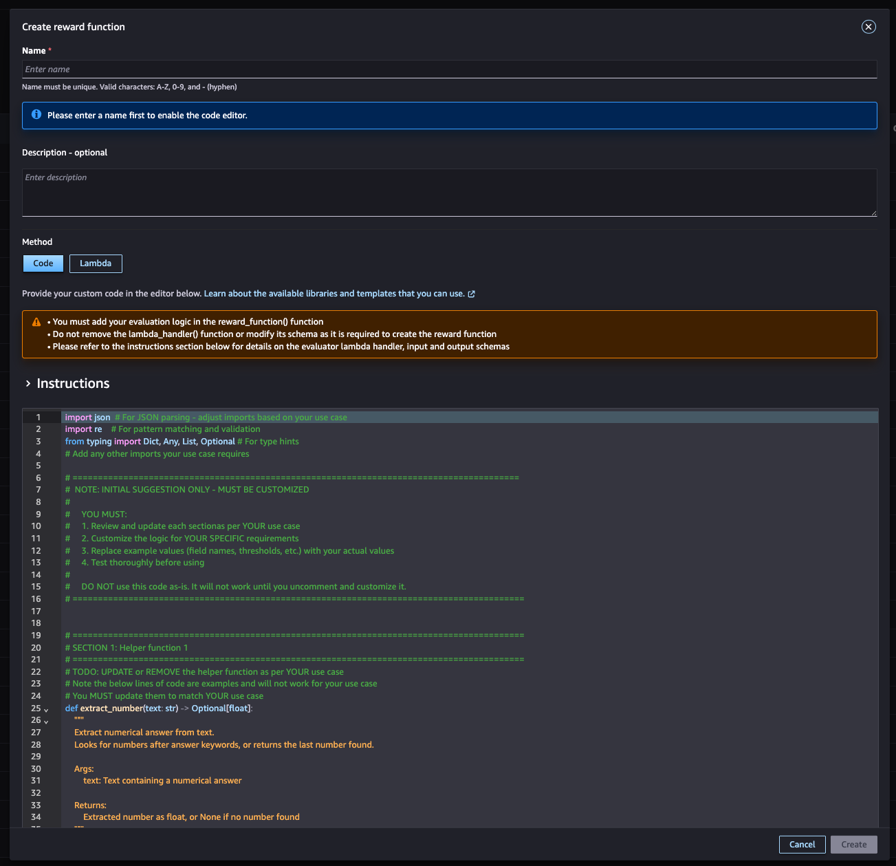 Navigating to SageMaker Studio > Assets > Evaluator > Create evaluator > Create reward function.