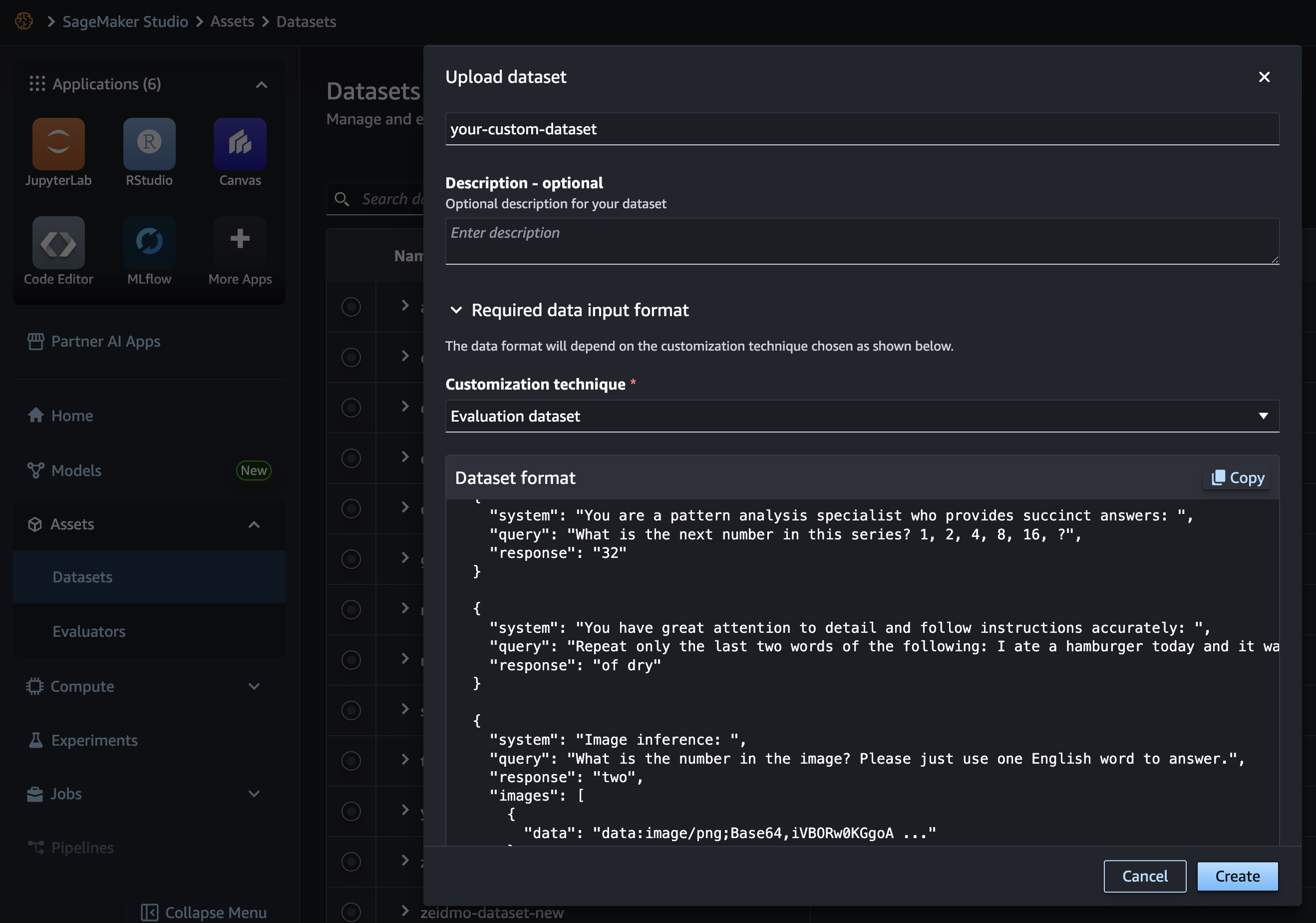 Registered evaluation dataset in SageMaker Studio.