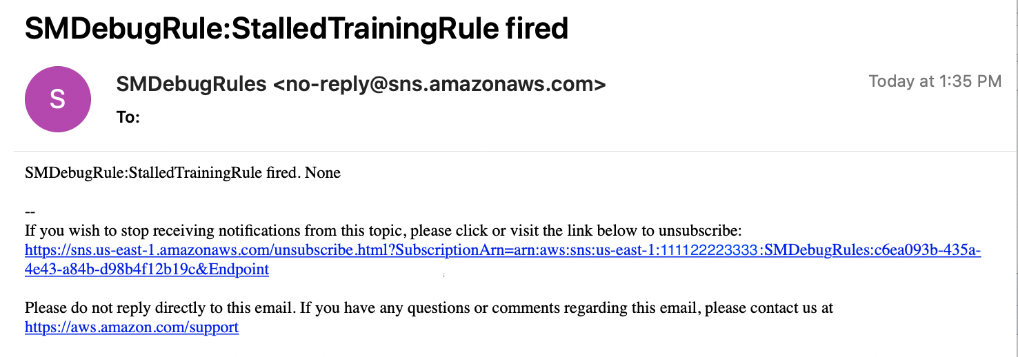 An example email notification sent by Debugger when it detects a StalledTraining issue.