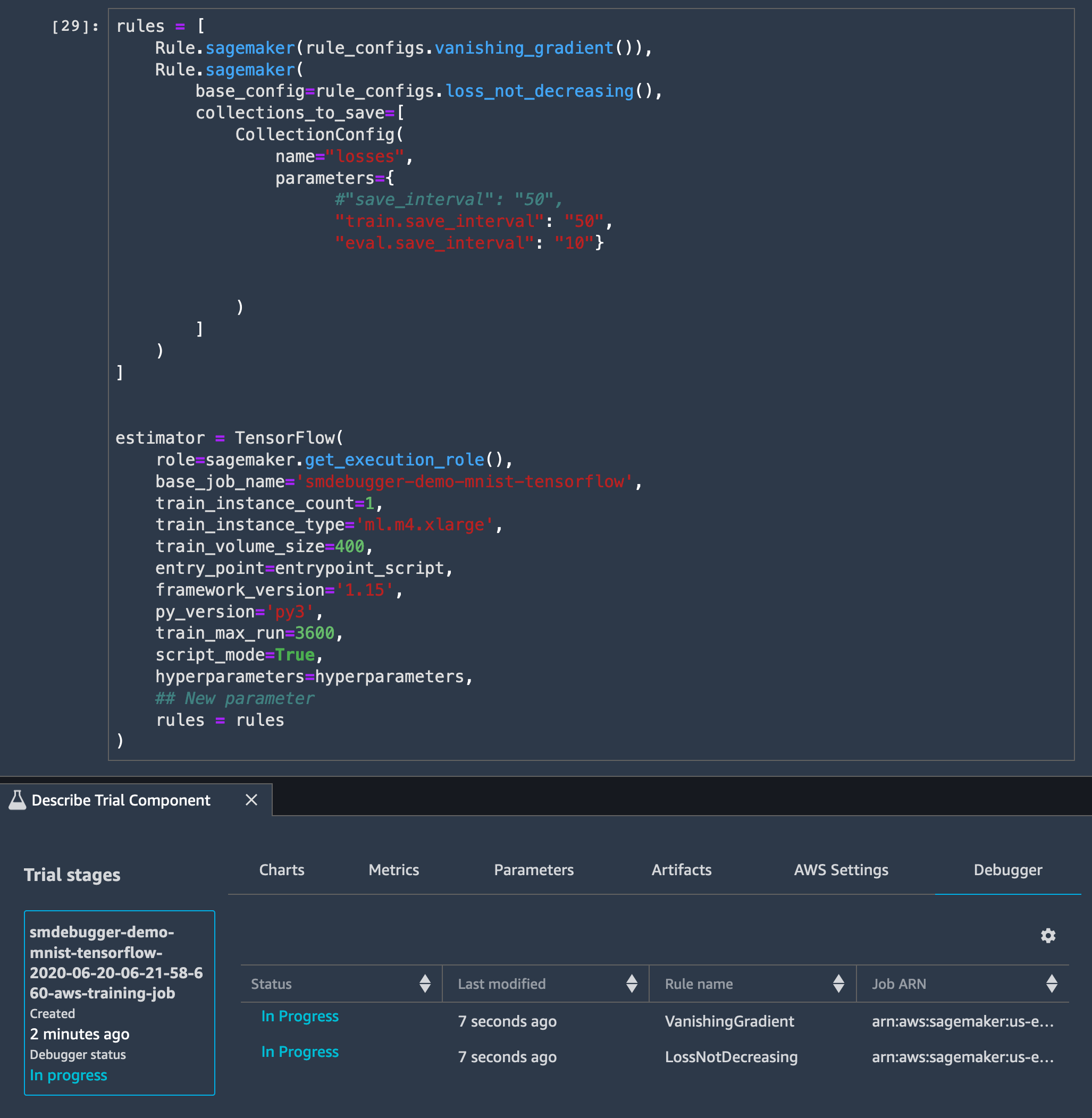 An image of running a training job with Debugger built-in rules activated in SageMaker Studio.