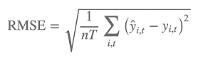 RMSE Formula: Sqrt(1/nT(Sum[i,t](y-hat(i,t)-y(i,t))^2)).
