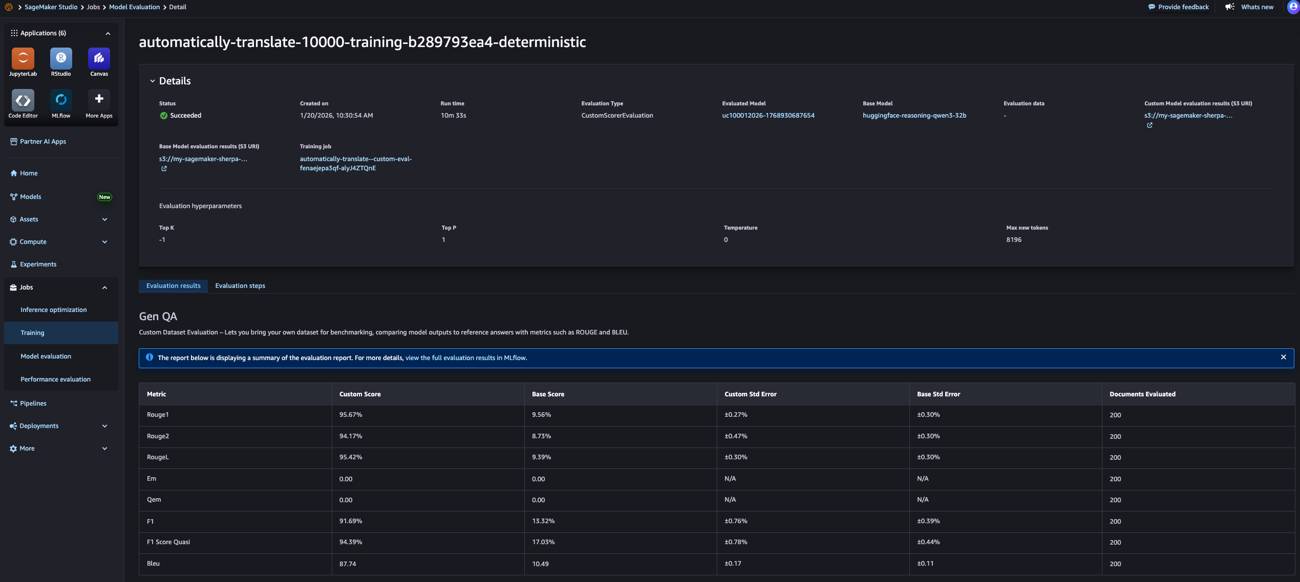 Sample performance metrics for custom gen-qa benchmark visualized in SageMaker Studio.
