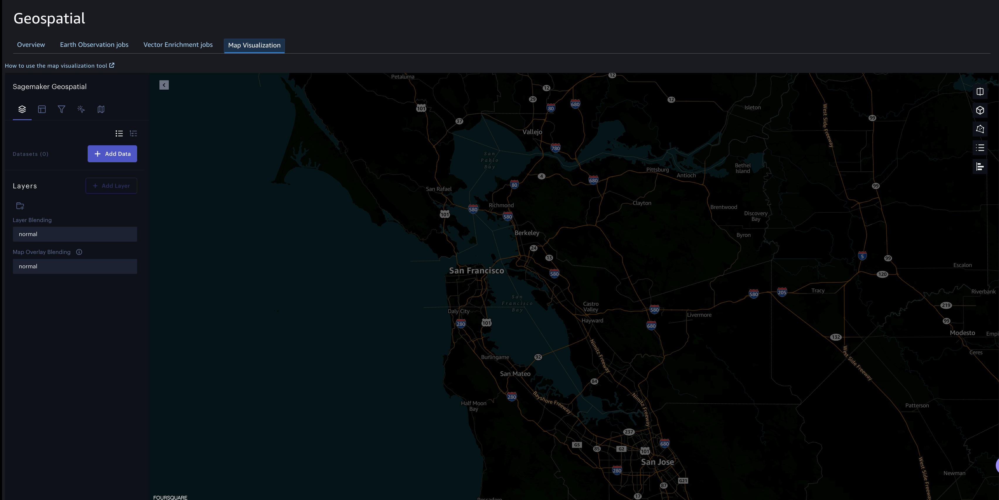Visualization tool using SageMaker geospatial capabilities shows a map of the California coast.