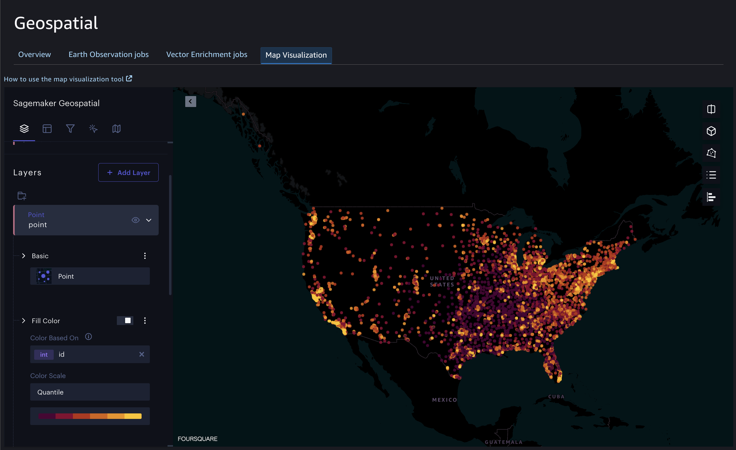 The layers panel with data points on a USA map, supported by SageMaker geospatial capabilities.
