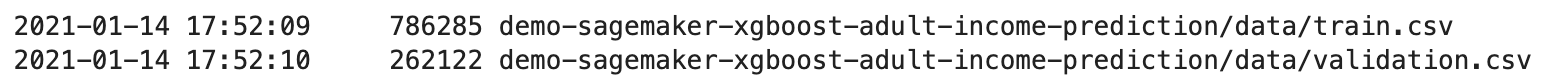 Output of the CLI command to check the datasets in the S3 bucket.