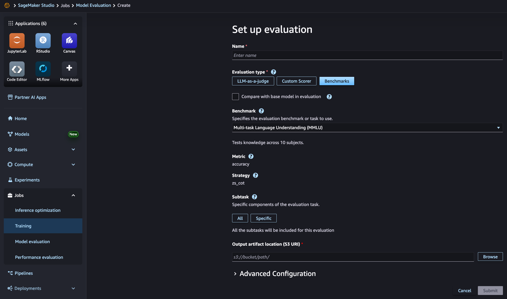 Evaluation job submission page.