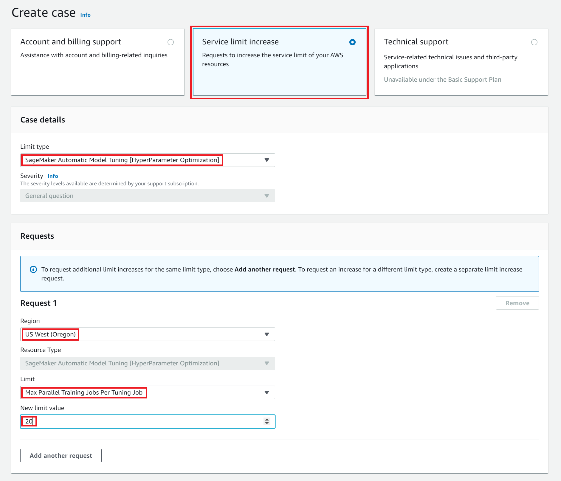 Resource limit increase request UI.