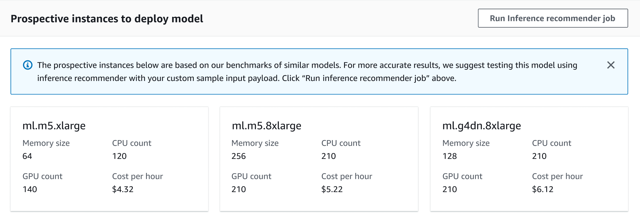 Screenshot of the list of prospective instances on the model details page.