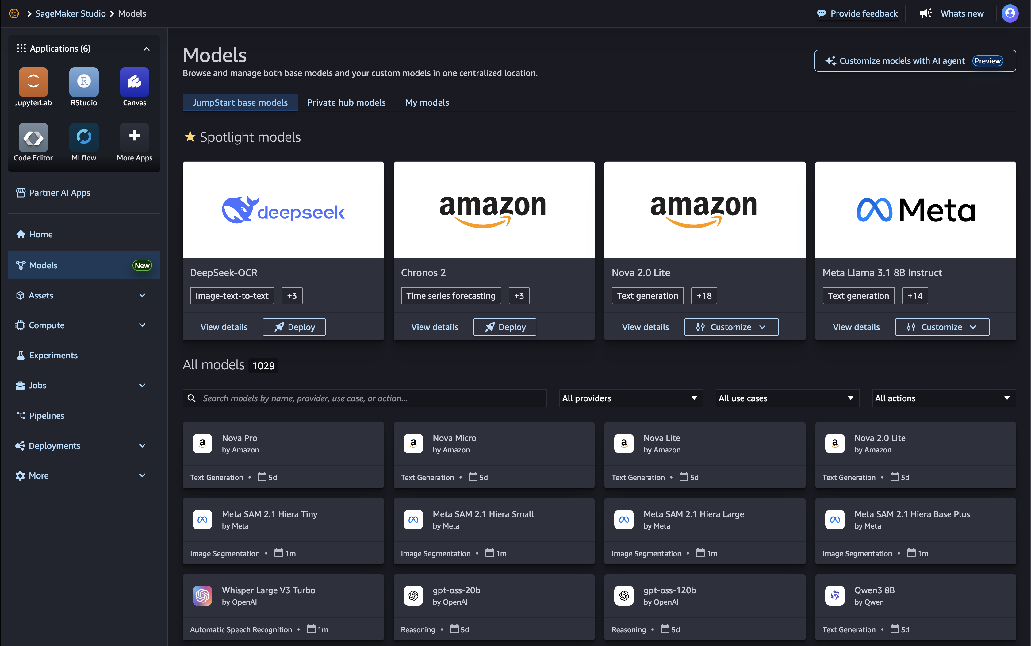 Amazon SageMaker Studio Models landing page.