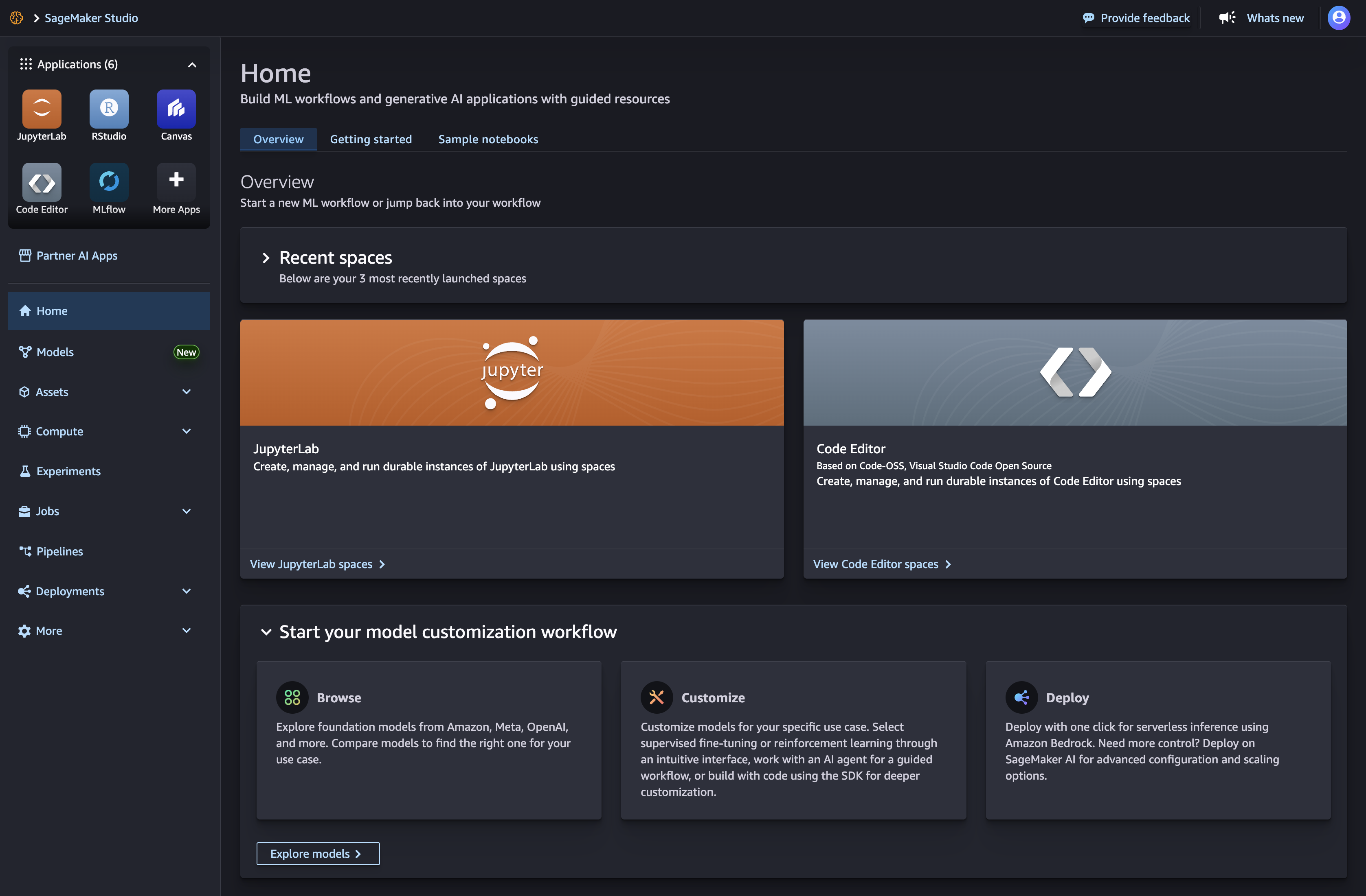 Amazon SageMaker Studio interface with access to JumpStart.