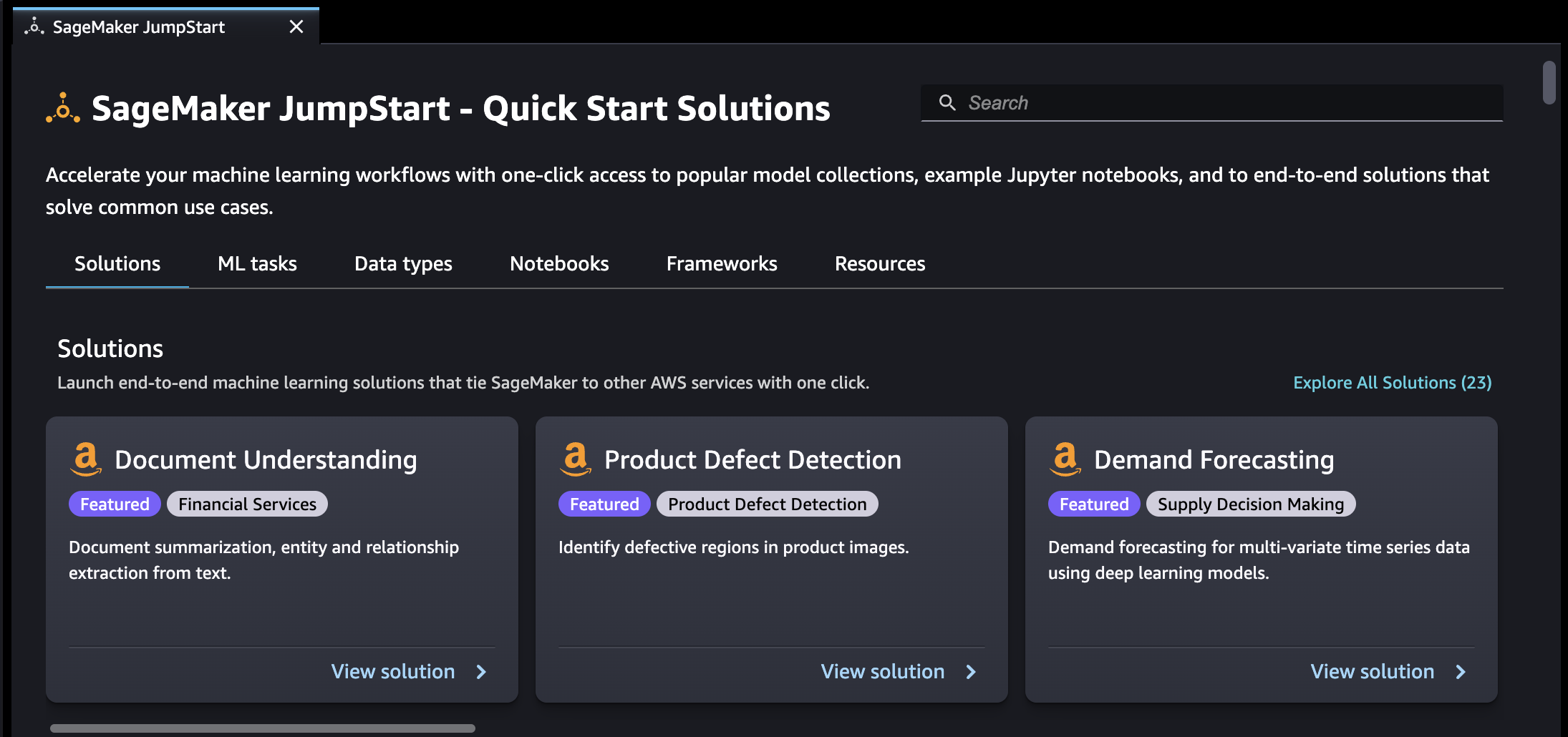 SageMaker Studio Classic JumpStart landing page.