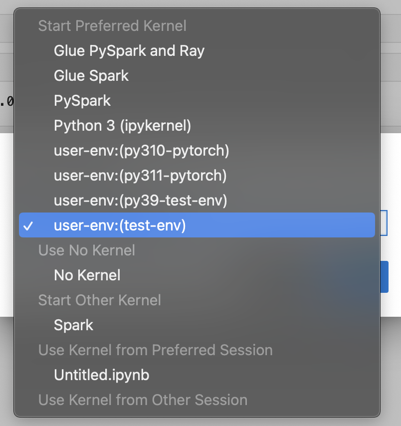 The checkmark and its corresponding text shows an example environment that you previously created.