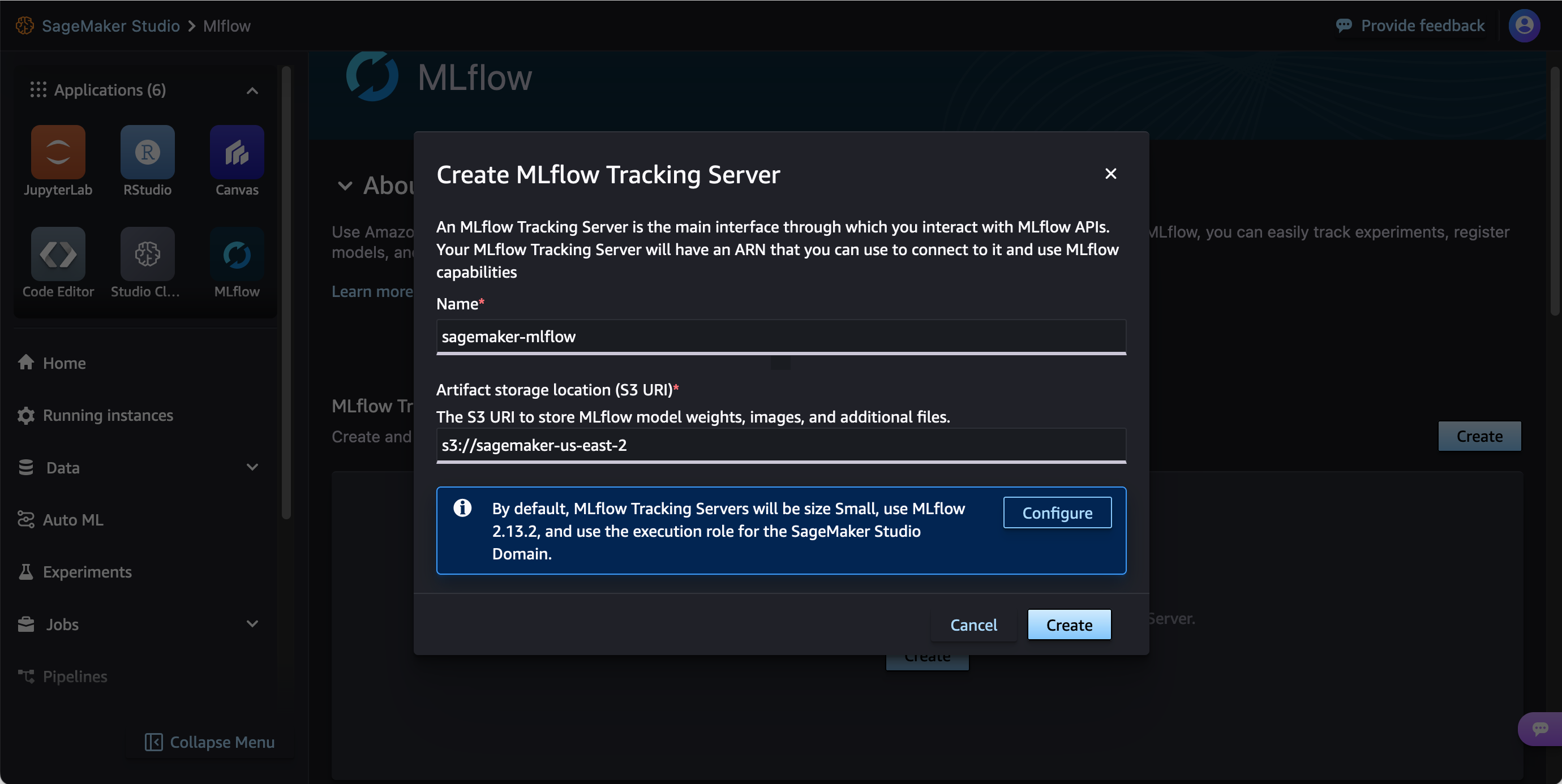 The Create MLflow Tracking Server prompt in the Studio UI.