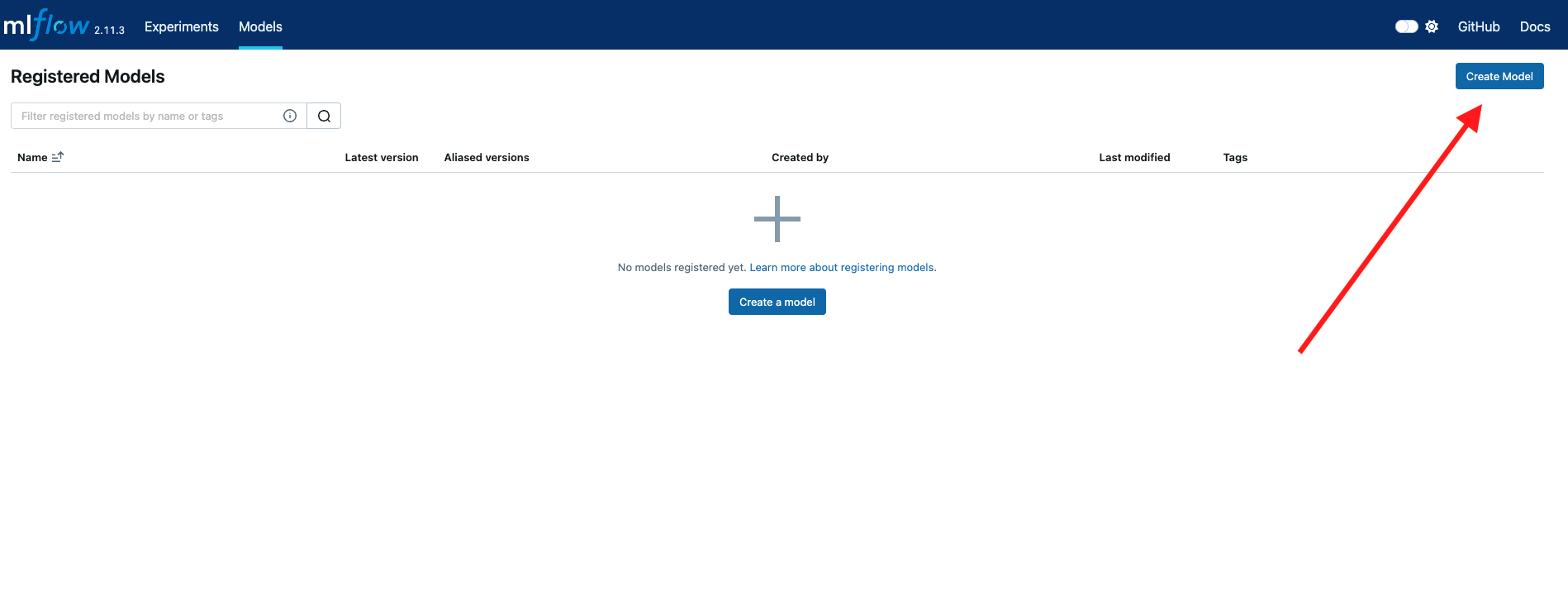 Model registry creation within the MLflow UI.