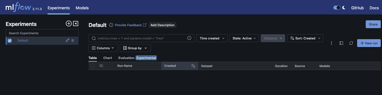 The MLflow UI that launches after creating and using a presigned URL.