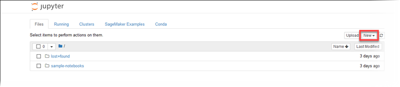 Location of the New drop-down list in the Jupyter notebook dashboard.