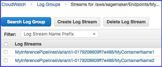 The CloudWatch log stream for the inference pipeline.