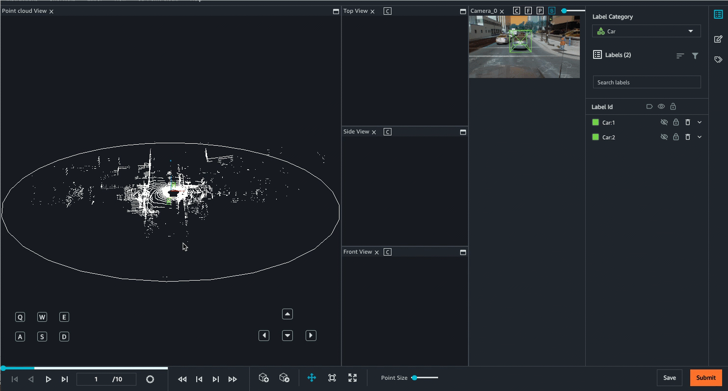 Gif showing movements around the 3D point cloud showing a street scene.