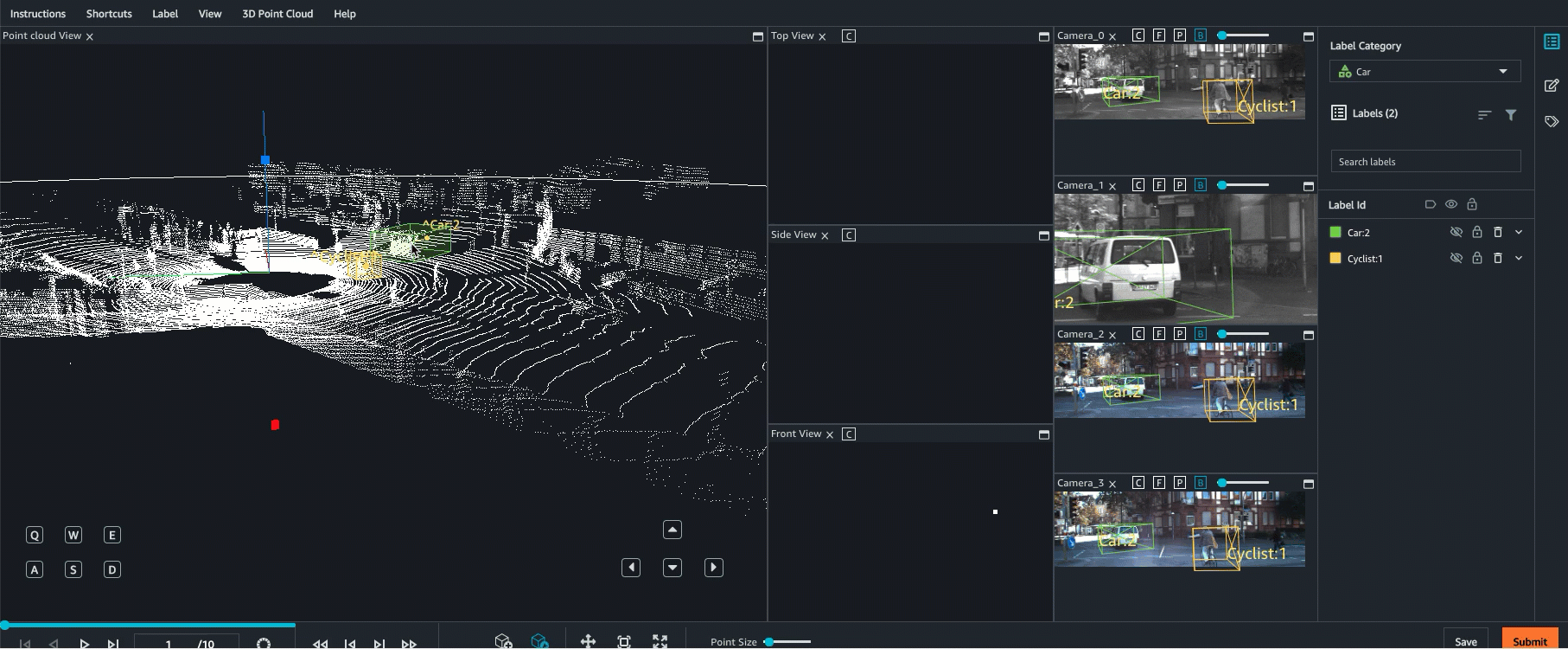 Gif showing a 3D point cloud labeling job with LiDAR and camera sensor fusion.