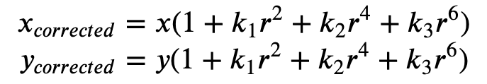 Formula 1: equations for x_{corrected} and y_{corrected}, to undistort radial distortion.