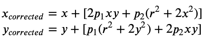 Formula 2: equations for x_{corrected} and y_{corrected}, to correct for tangential distortion.