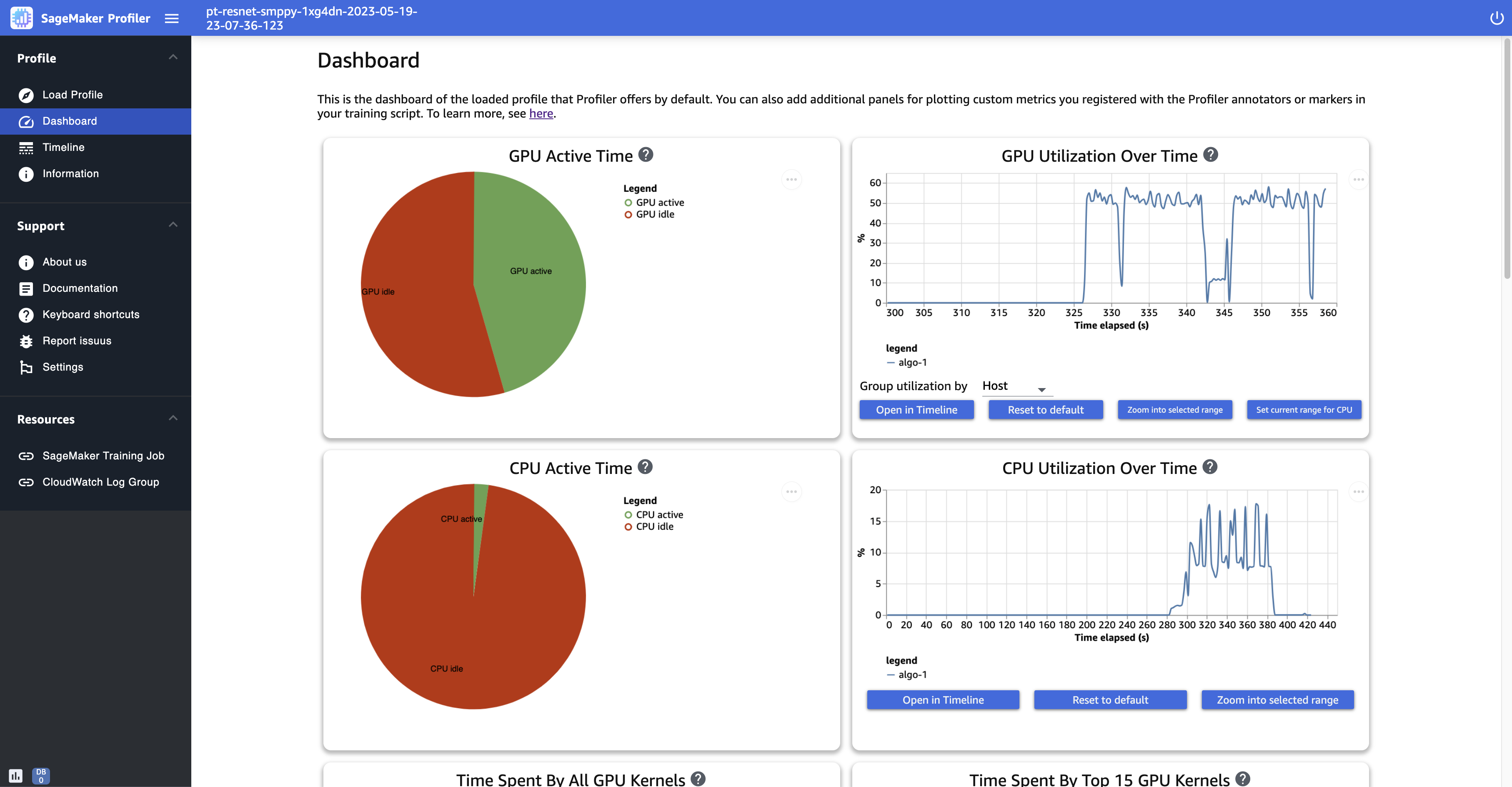 A screenshot of the Dashboard page in the SageMaker Profiler UI