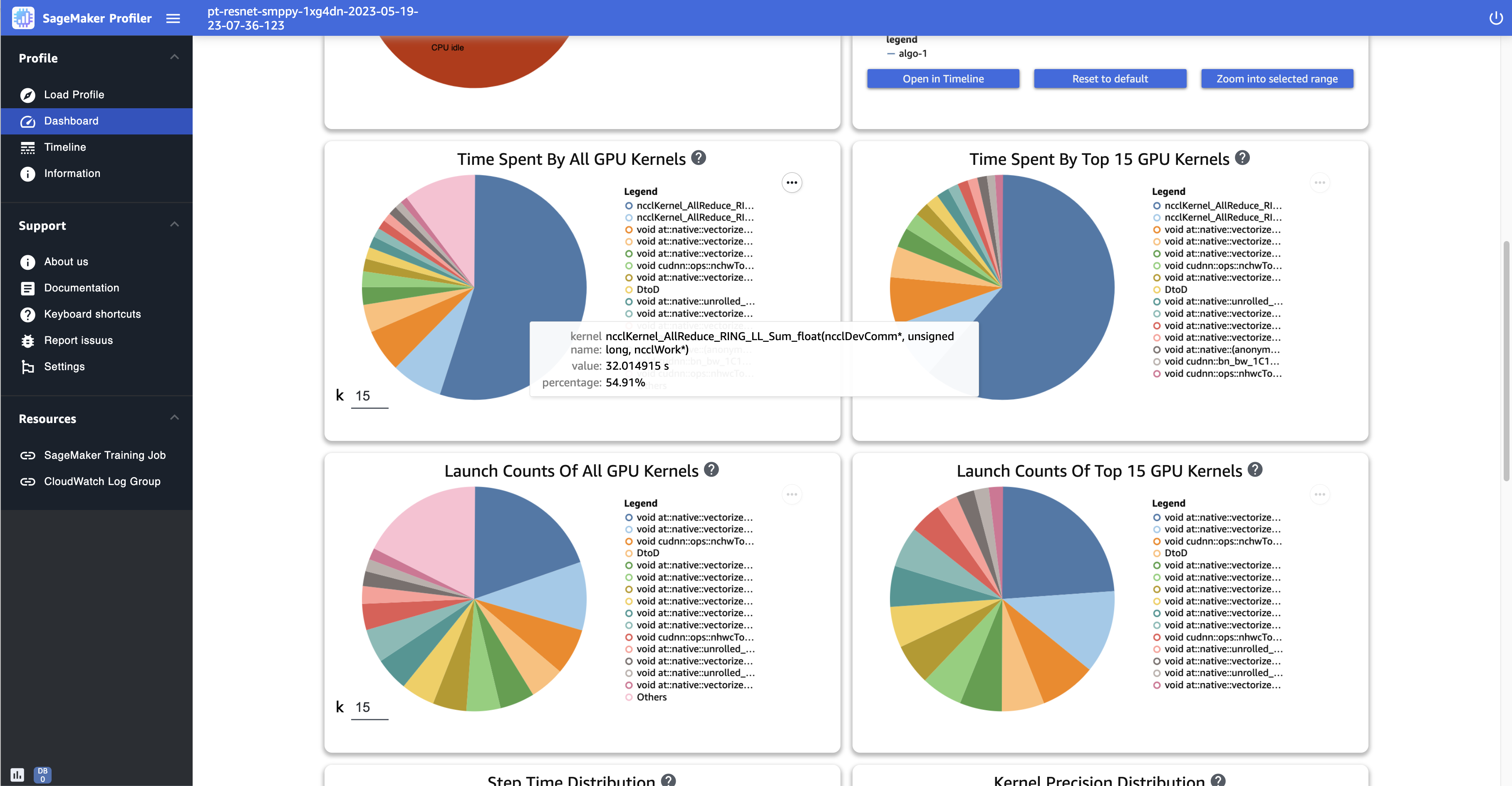 A screenshot of the Dashboard page in the SageMaker Profiler UI