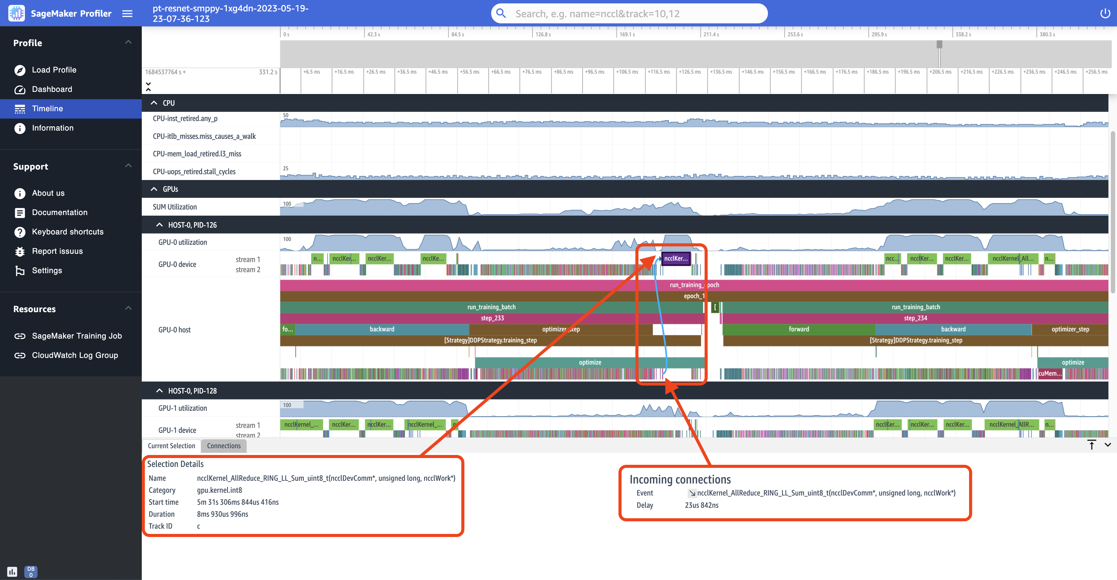 A screenshot of the Timeline page in the SageMaker Profiler UI