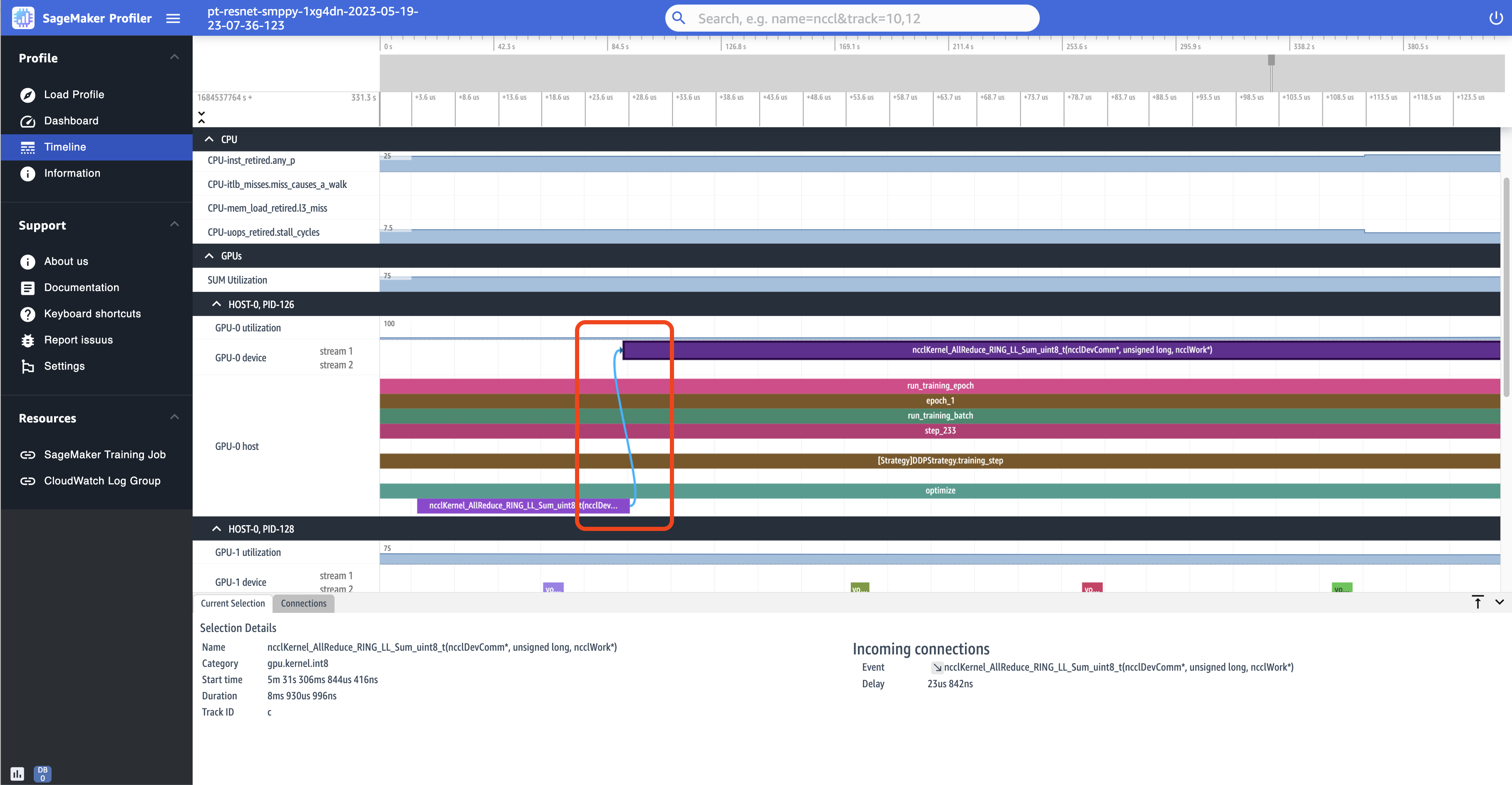 A screenshot of the Timeline page in the SageMaker Profiler UI