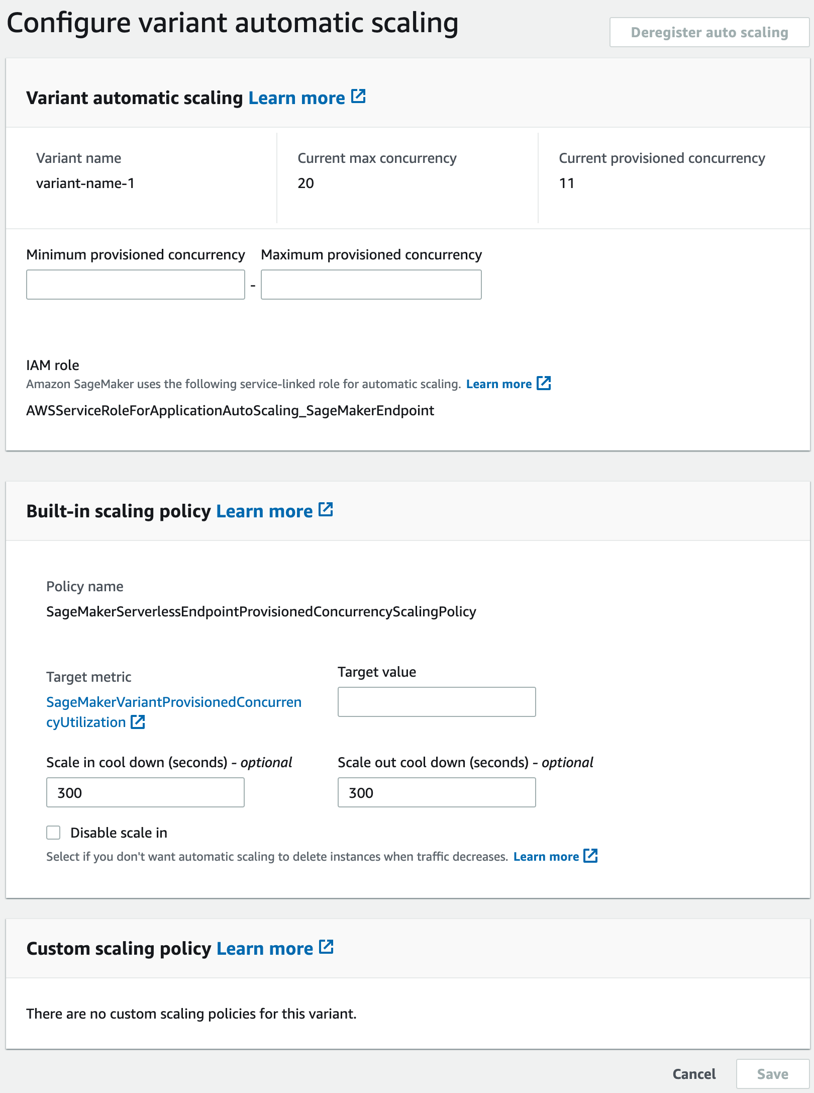 Screenshot of the configure variant automatic scaling dialog box in the console.