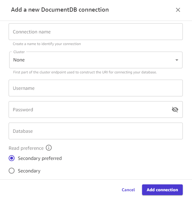 Screenshot of the Add a new DocumentDB connection dialog box in Canvas.