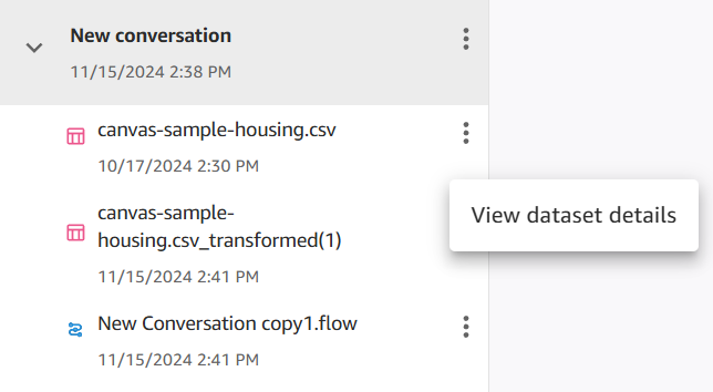 The artifacts, which are a dataset and a transformed dataset, shown in the sidebar of a Q Developer chat.