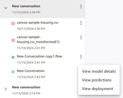 A Q Developer conversation ellipsis menu expanded, showing options for viewing models details, predictions, and deployment.