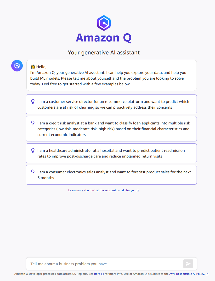 The greeting that Q Developer gives you upon starting a new chat.