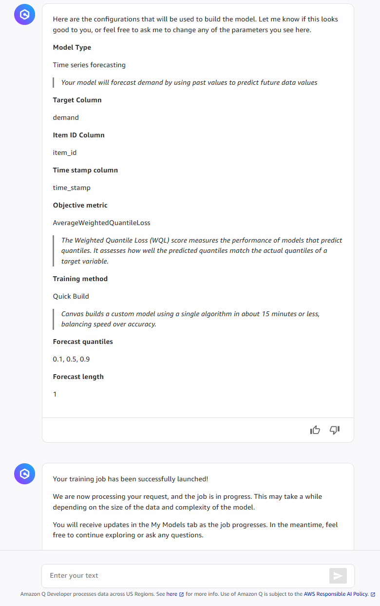 A conversation with Q Developer where the user prompted to start a Canvas model build.