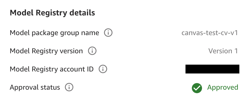 Screenshot of the SageMaker Model Registry details box in the Canvas application.