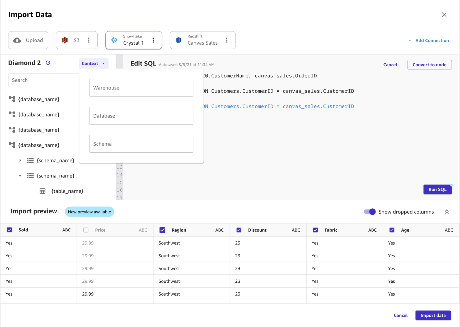 Screenshot of the Import page in Canvas, showing the Context dialog box.