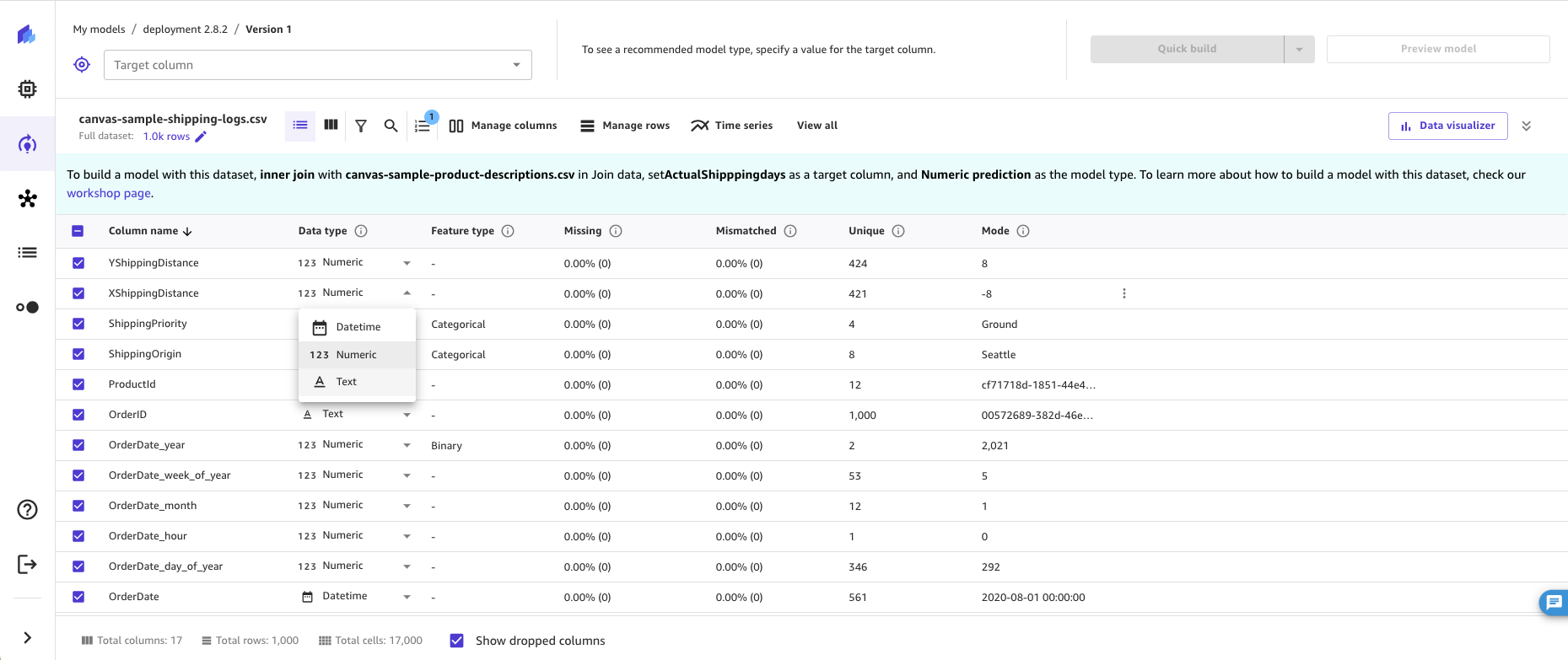 The data type conversion dropdown menu for a column, shown in the Build tab.