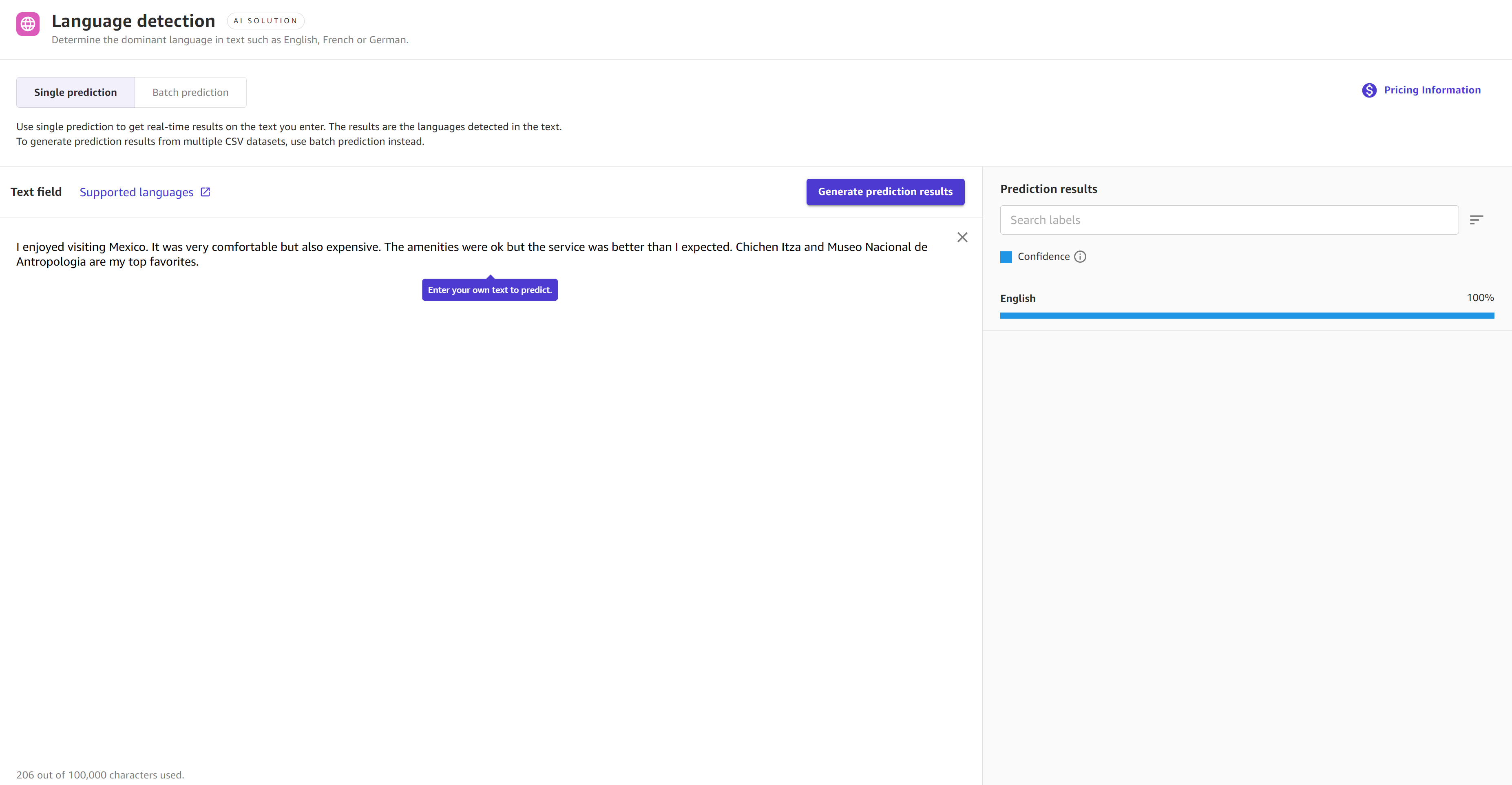 Screenshot of the results of a single prediction with the language detection Ready-to-use model.