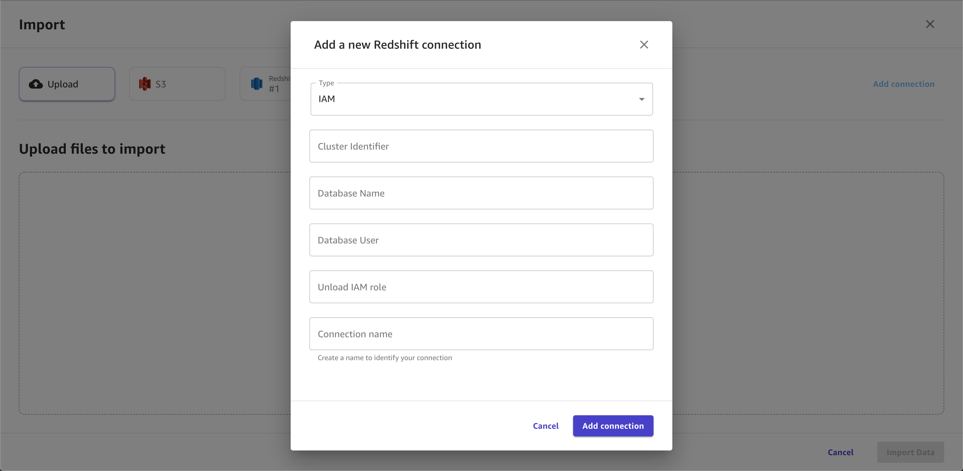 Screenshot of the Add a new Redshift connection dialog box in Canvas.