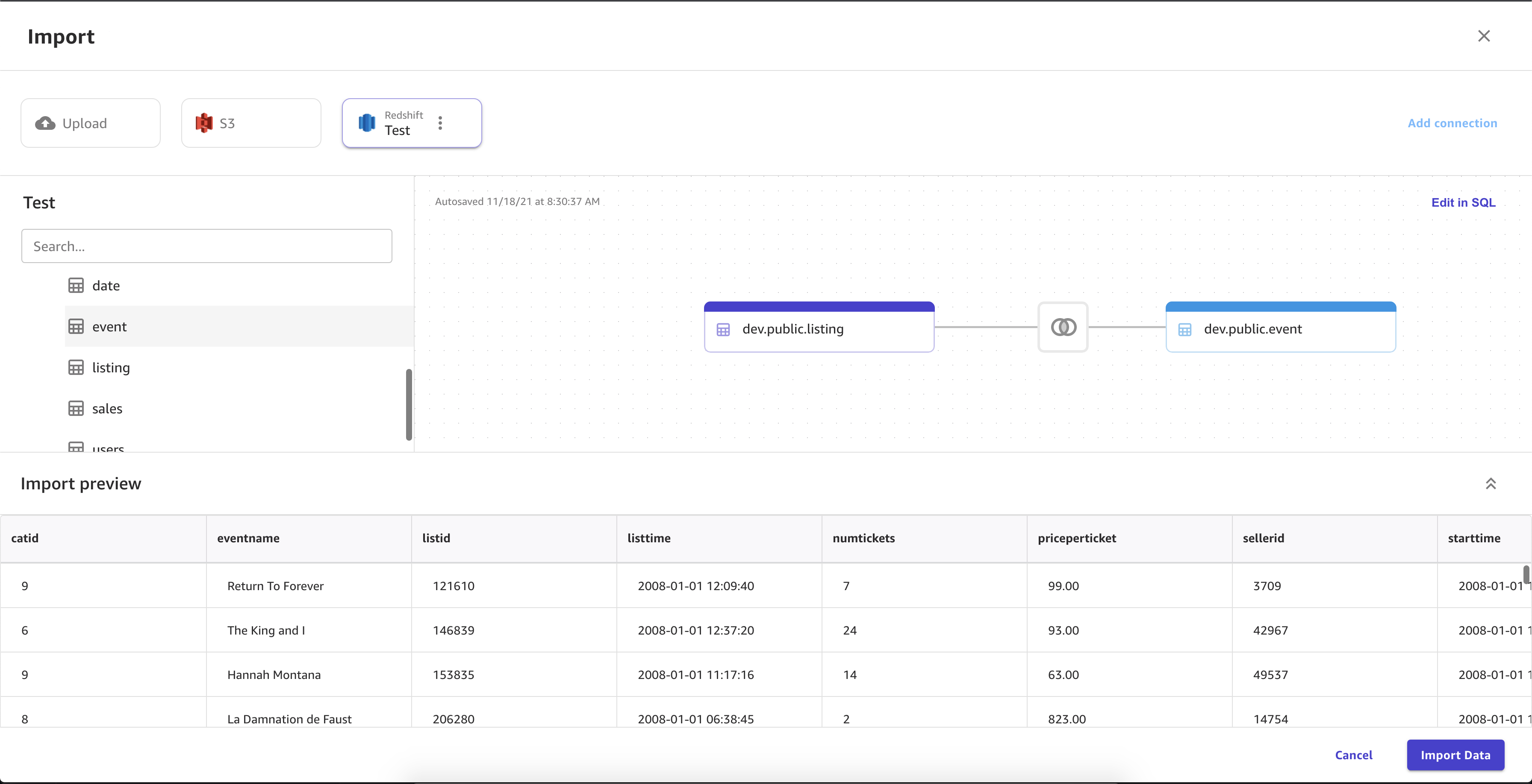 Screenshot of the Import page in Canvas, showing two datasets being joined.