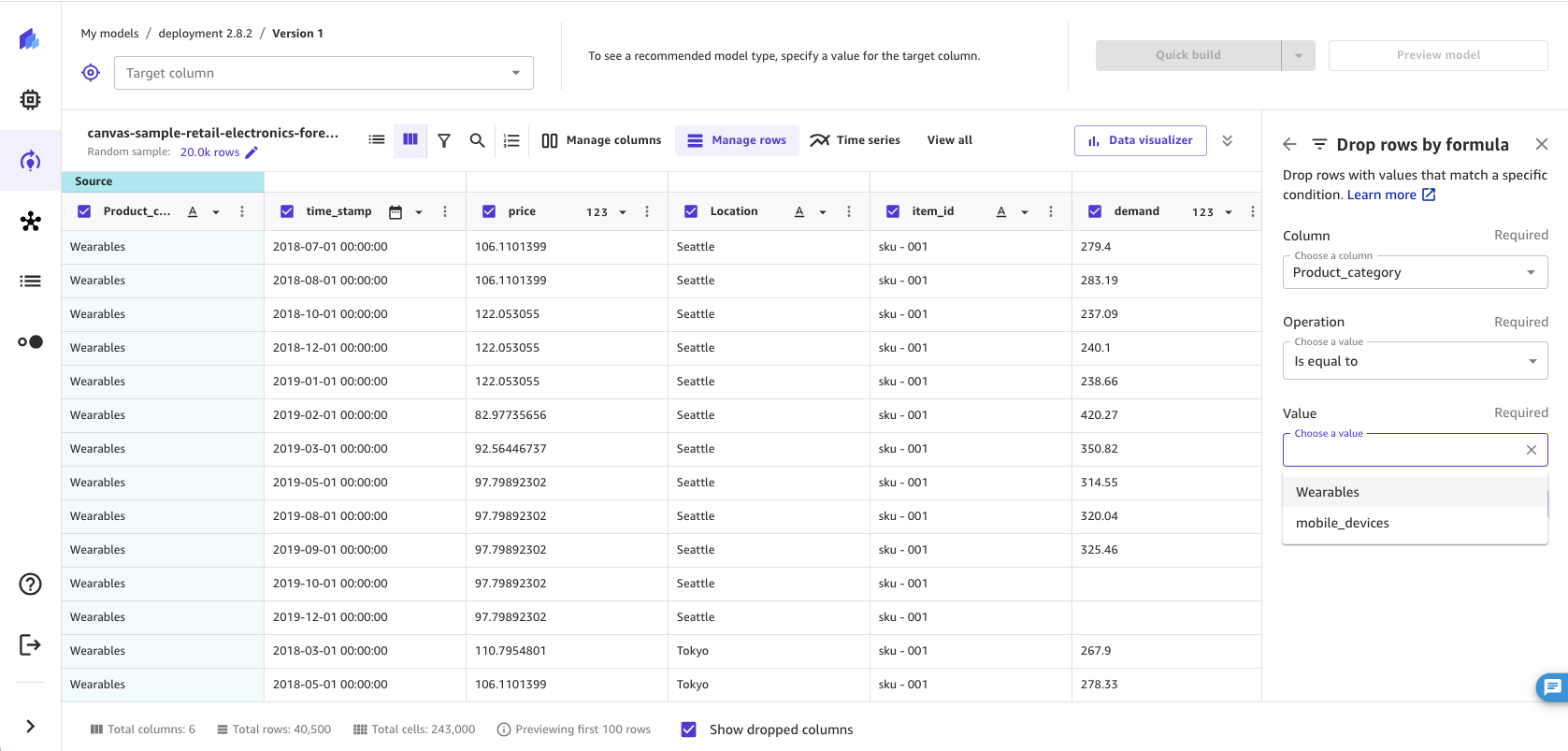 Screenshot of the remove rows by custom values operation in the SageMaker Canvas application.