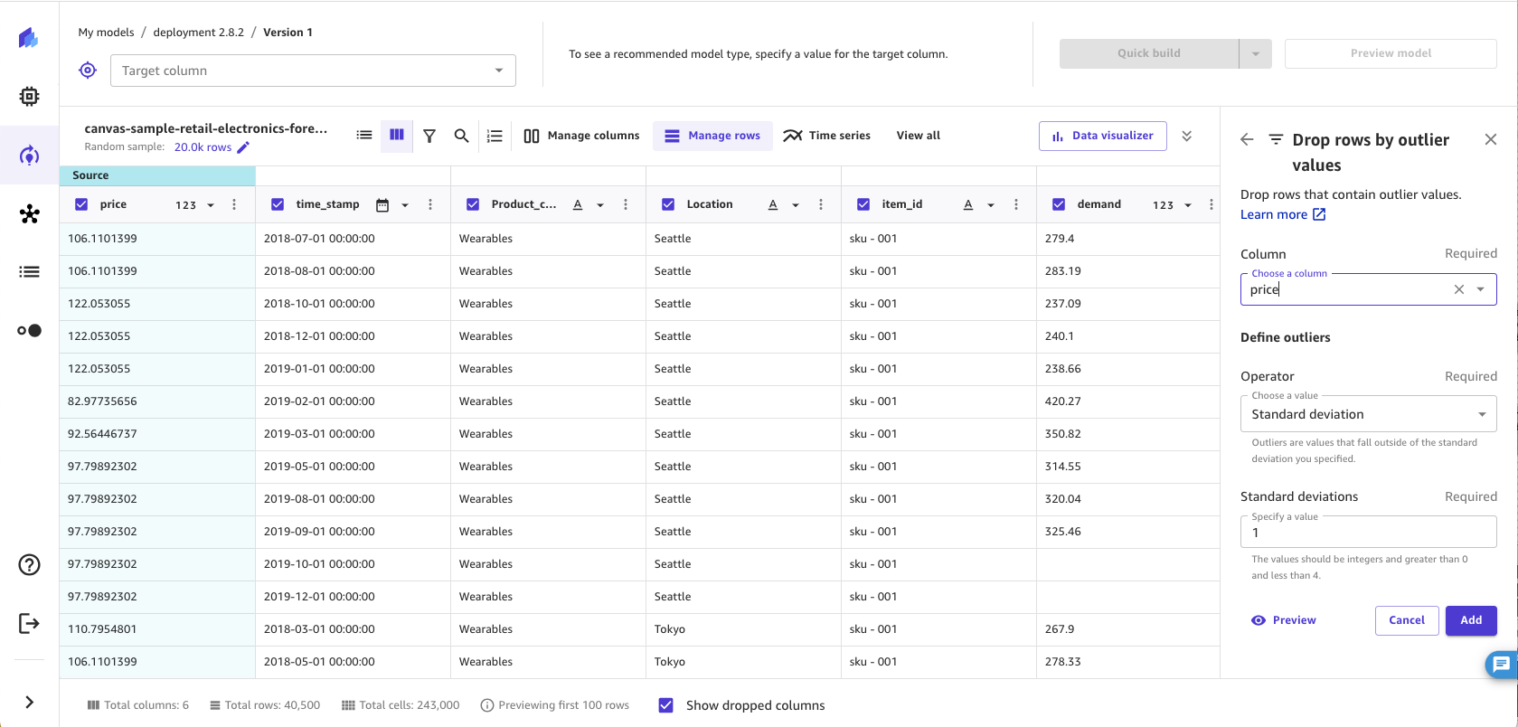 Screenshot of the remove rows by outliers operation in the SageMaker Canvas application.