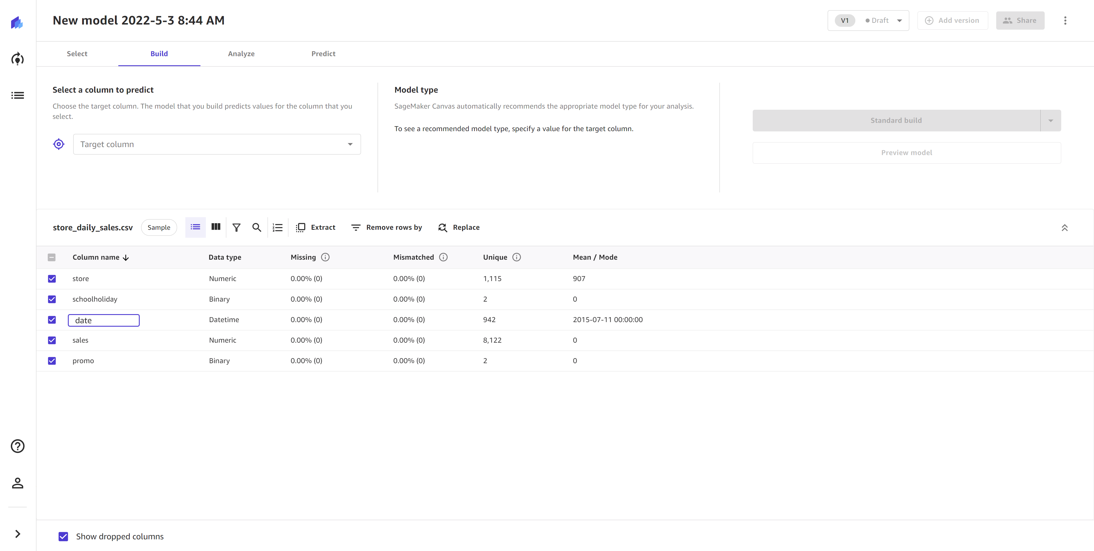 Screenshot of renaming a column with the double-click method in the SageMaker Canvas application.