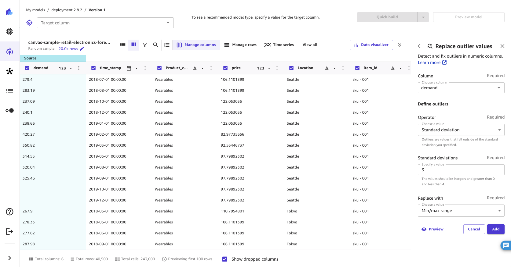 Screenshot of the replace outliers operation in the SageMaker Canvas application.