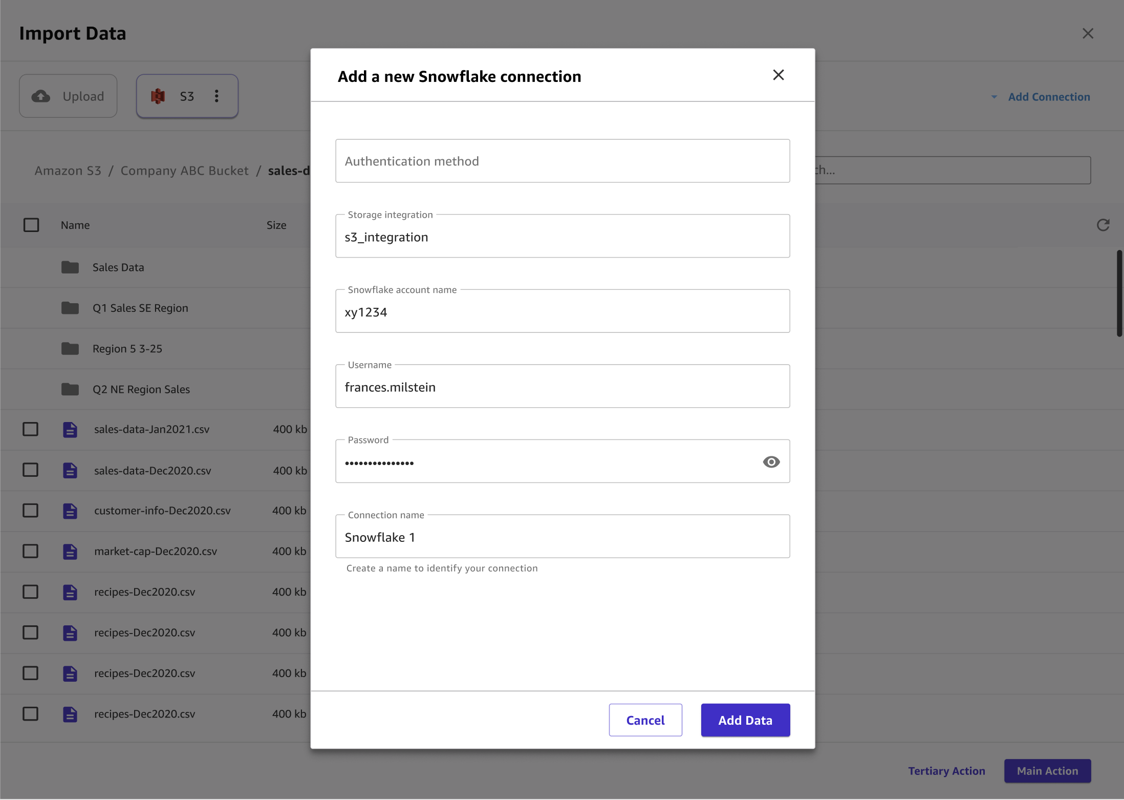 Screenshot of the Add a new Snowflake connection dialog box in Canvas.