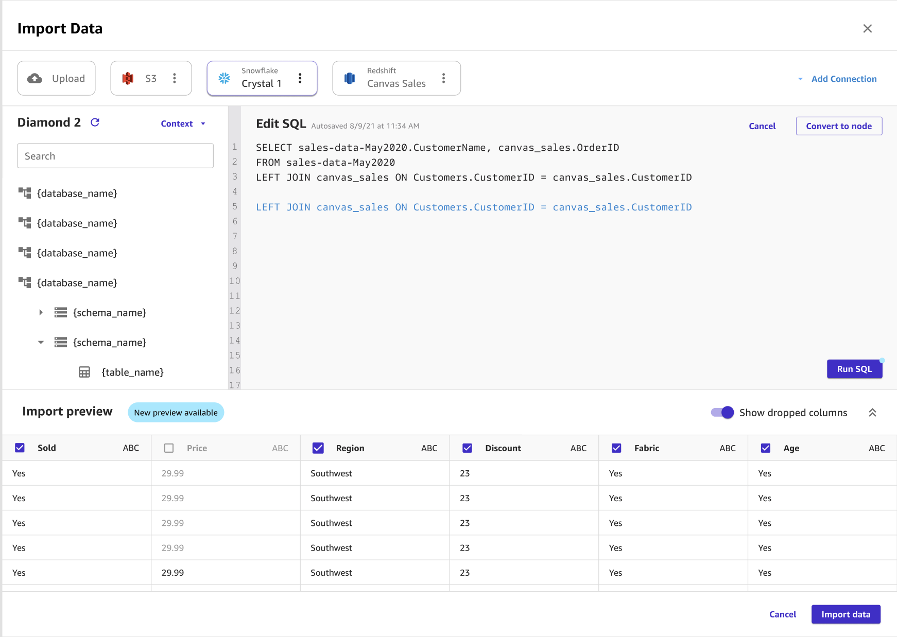 Screenshot of a SQL query in the Edit SQL editor on the Import page in Canvas.