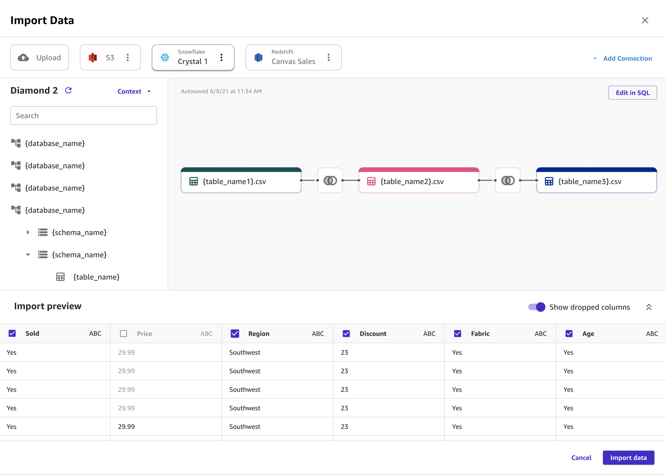 Screenshot of the Import page in Canvas, showing datasets being joined.