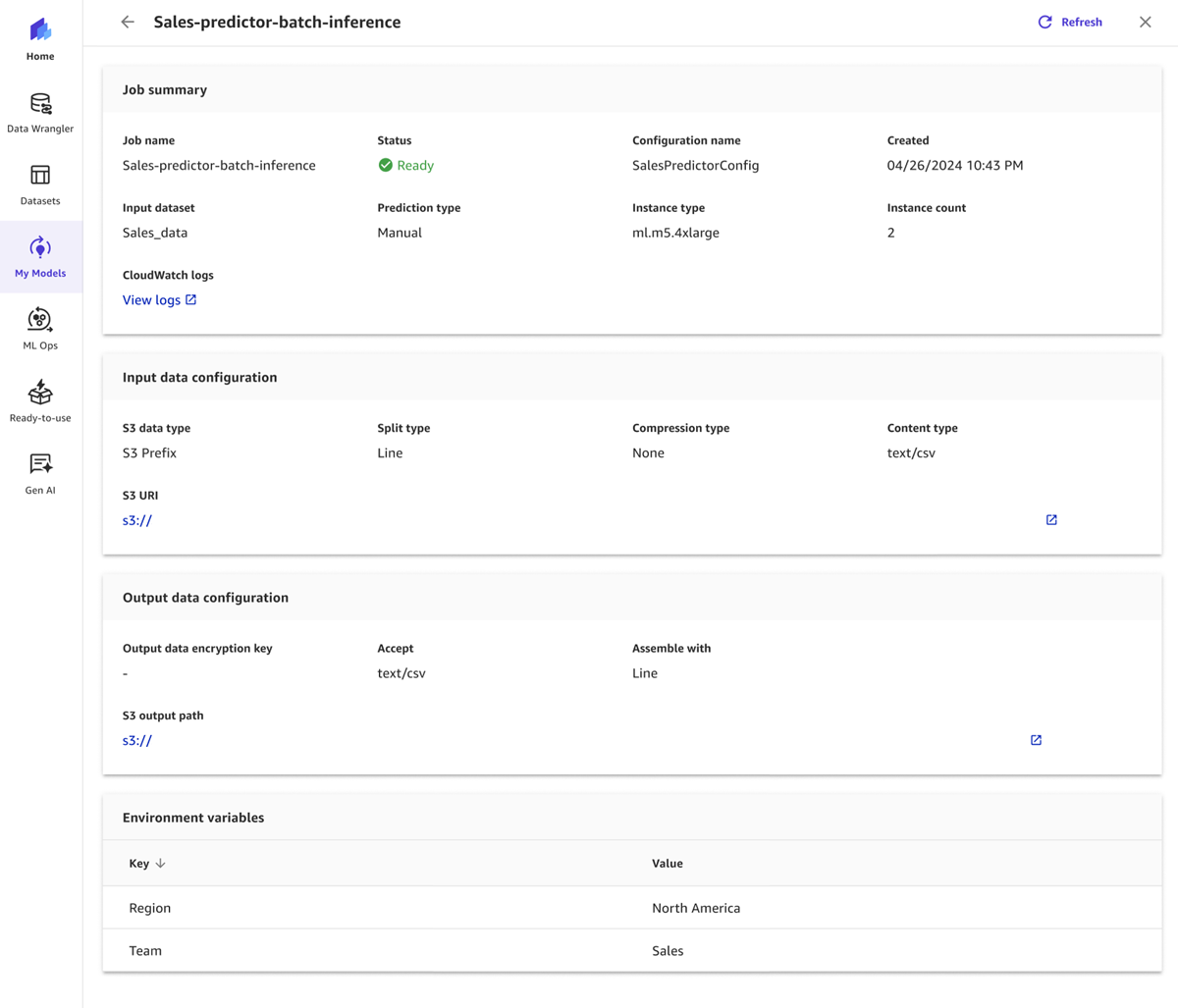 Batch prediction job details page showing all of the additional details about a job.