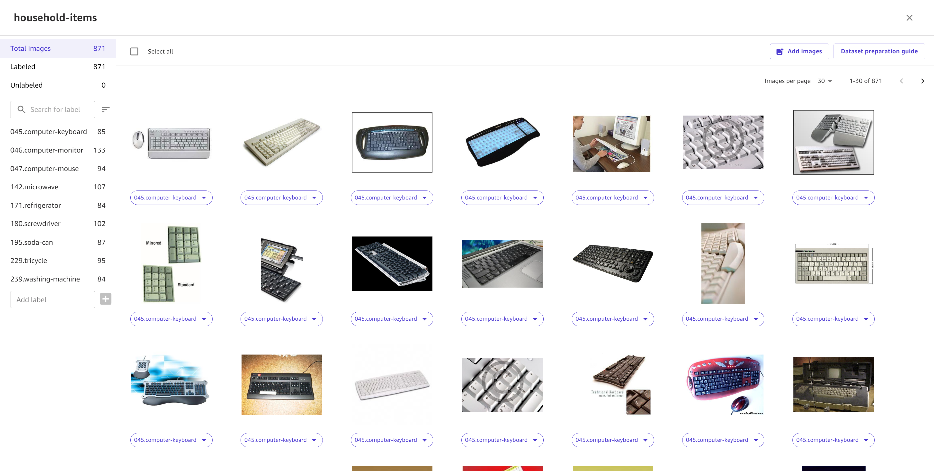 Screenshot of the image dataset management page in Canvas.